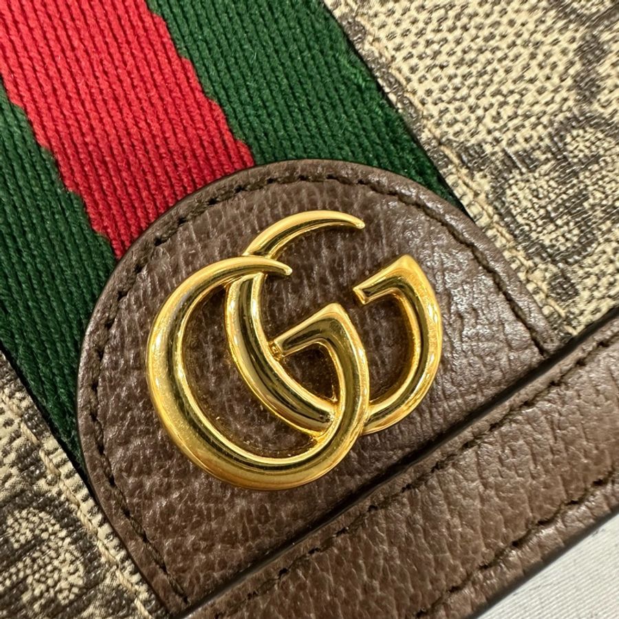 Gucci 523155 老花拼卡其皮 GG短夾-4