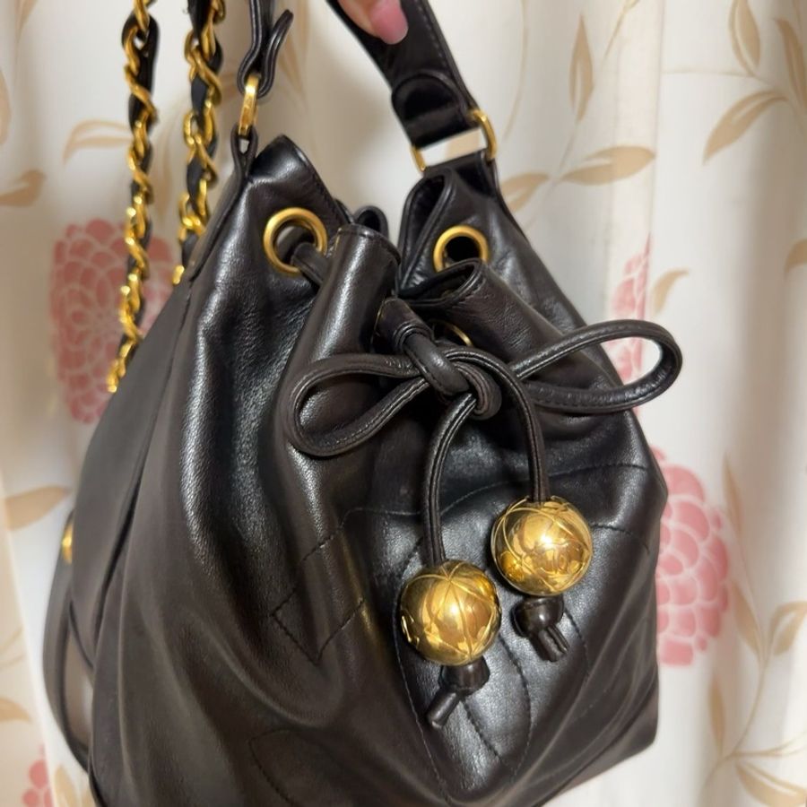 香奈兒 CHANEL vintage 雙C Logo 金球真皮鏈條水桶包 斜背包 子母包-1