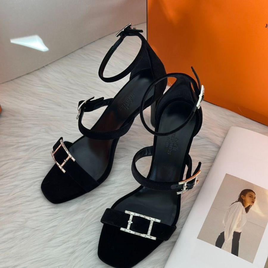 HERMES Liv 90 天鵝絨高跟涼鞋 - 黑銀 38-1