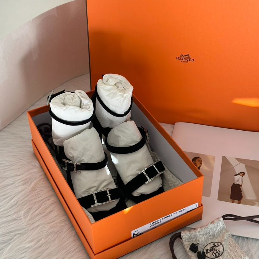 HERMES Liv 90 天鵝絨高跟涼鞋 - 黑銀 38-4