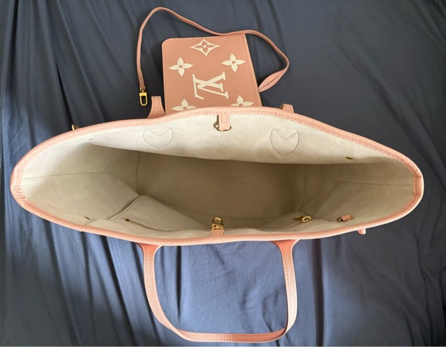 路易威登 LV Neverfull MM 托特袋,粉白色配拉鍊小袋,正品-8