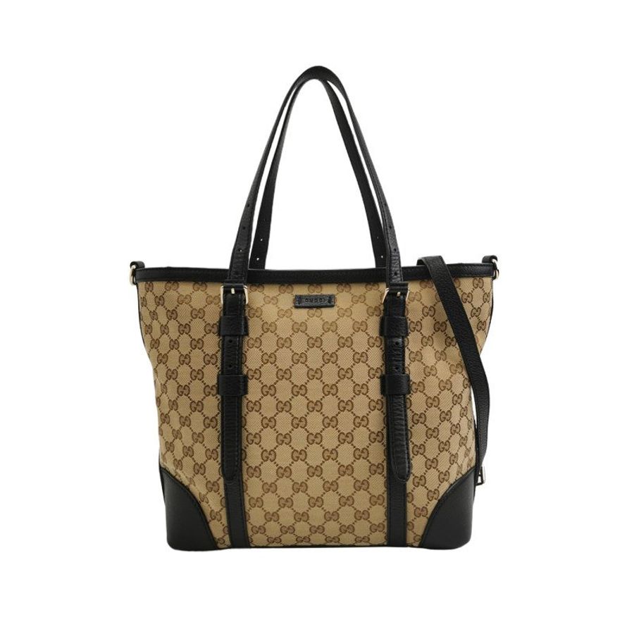 Gucci 牛皮 帆布 雙G 老花 皮標 Logo 手提包 單肩包-0