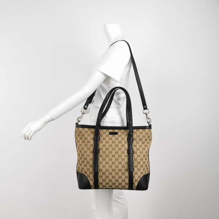 Gucci 牛皮 帆布 雙G 老花 皮標 Logo 手提包 單肩包-1