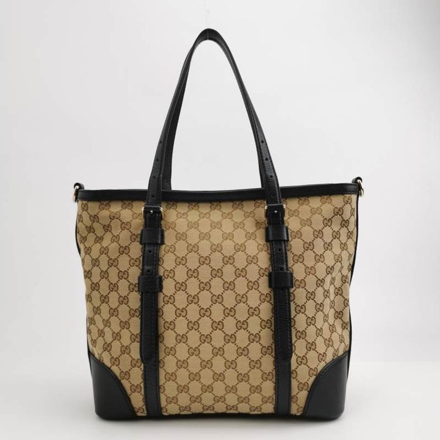Gucci 牛皮 帆布 雙G 老花 皮標 Logo 手提包 單肩包-3