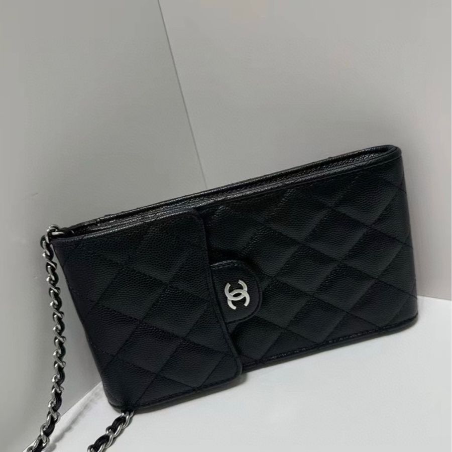 Chanel香奈兒CF手機包黑銀荔枝紋牛皮 單肩斜挎鏈條包 31开-4