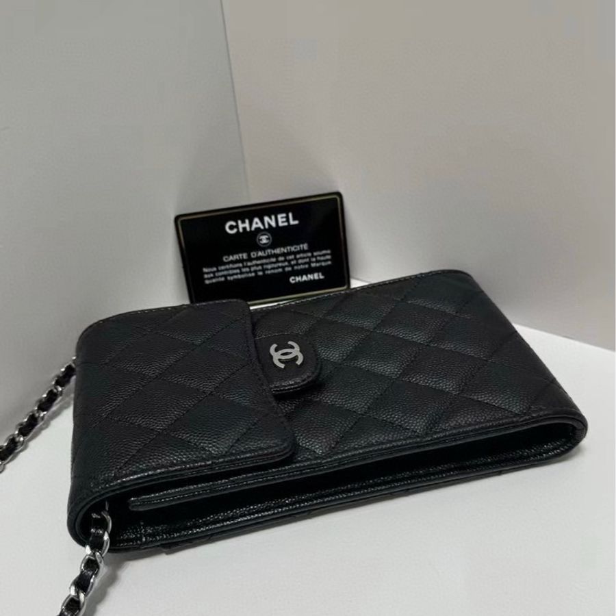 Chanel香奈兒CF手機包黑銀荔枝紋牛皮 單肩斜挎鏈條包 31开-5