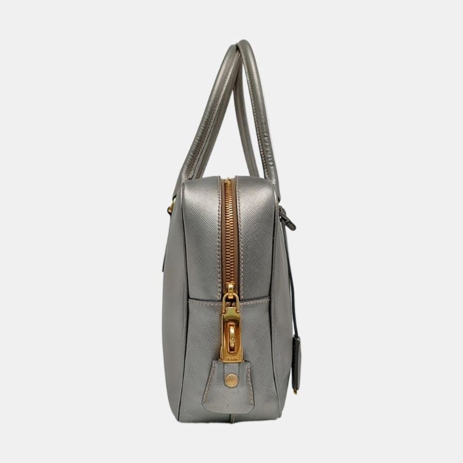 PRADA Galleria 銀灰色 牛皮 標誌 十字紋 手提包-3