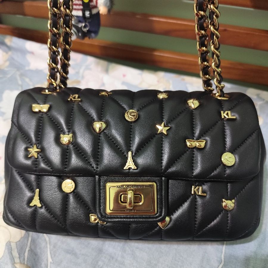 Karl Lagerfeld 卡爾鉚釘小香風鍊帶包 黑色 全新(經典絕版)(不可議)-0