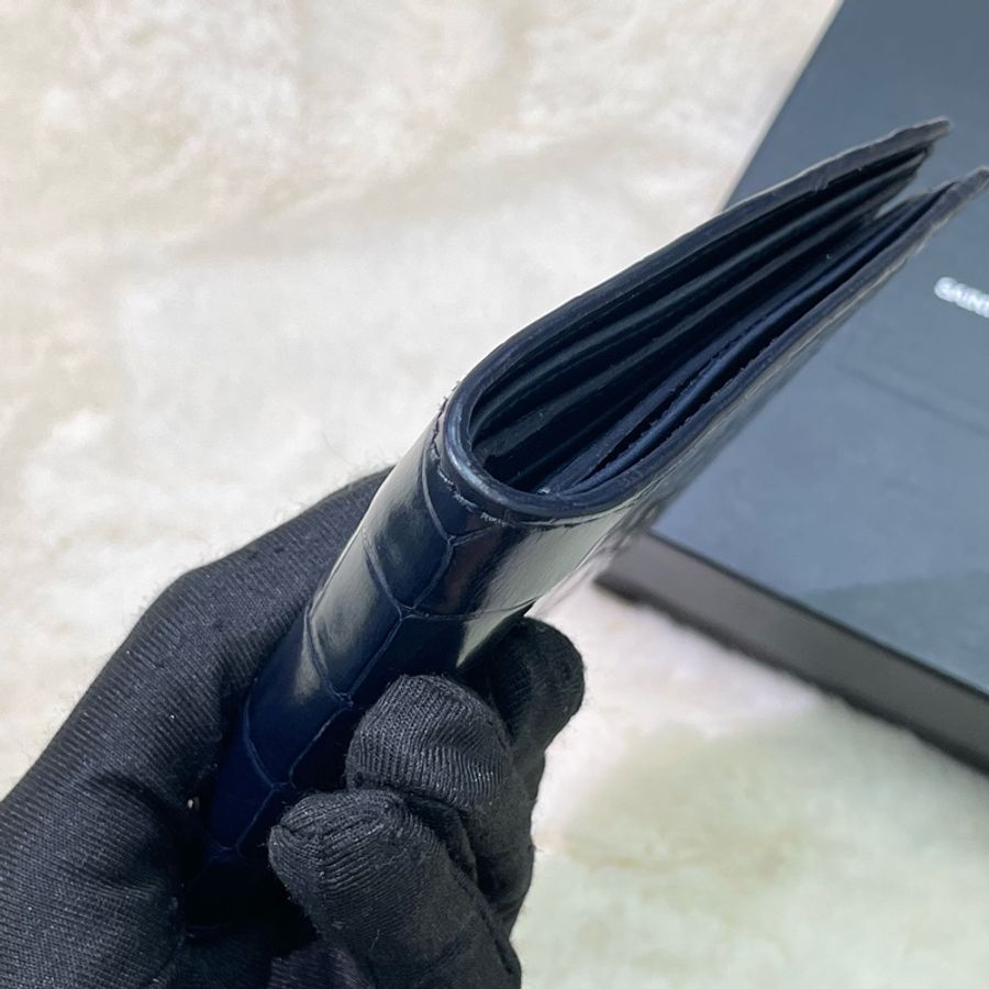 YSL 深藍色真鱷魚皮兩摺短夾 XB609-7