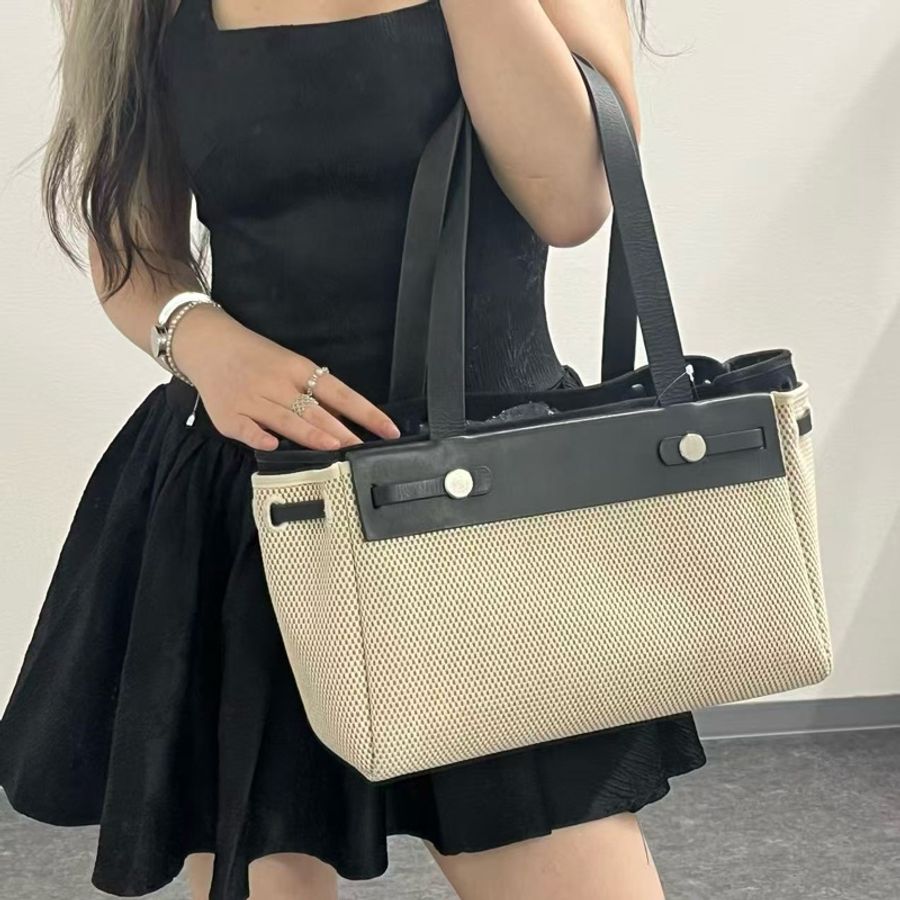「JL精品代購」愛馬仕帆布拼皮herbag橫版小號-2