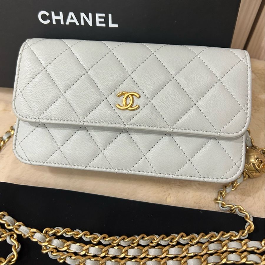 #超甜出清 chanel 香奈兒金球woc 晶片款 寶寶藍 淡金金球鏈條包-5