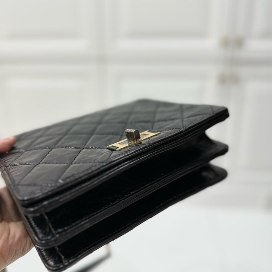 Chanel 香奈兒 黑金 2.55 handle 油蠟牛皮 風琴包 方盒子 斜背包 手提包 肩背包 鍊條包 側背包-17