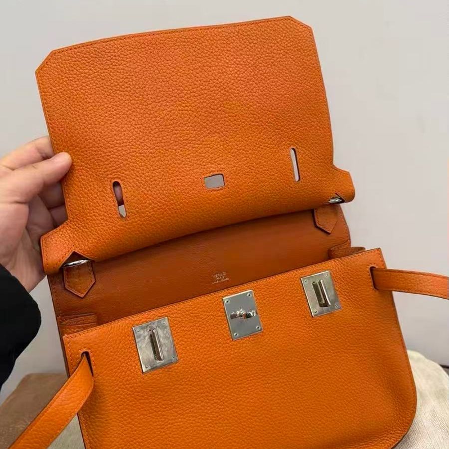 HERMES Jypsiere 橙色銀扣肩背斜背包 28*22*12 98新配件塵袋-3
