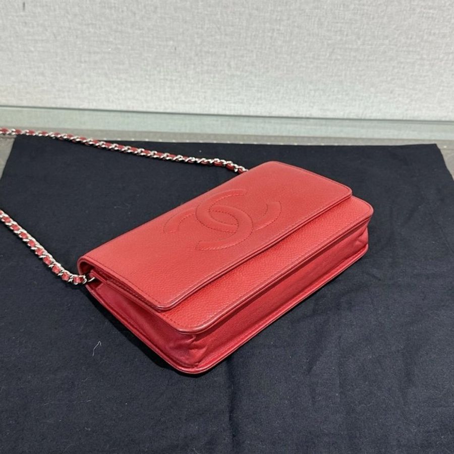 CHANEL 紅銀雙C大logo荔枝牛woc鏈條包 19*12*4 98新配件盒子塵袋-4
