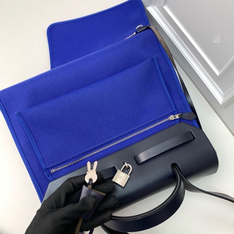 98新HERMES 藍色帆布拼皮銀扣herbag手提單肩斜挎包 D刻-4