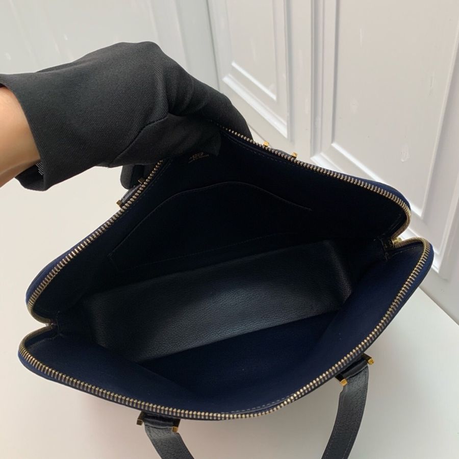 98新Hermes愛馬仕 中古保齡球公文包藏藍色框E刻 金扣手提腕挎都好看-4