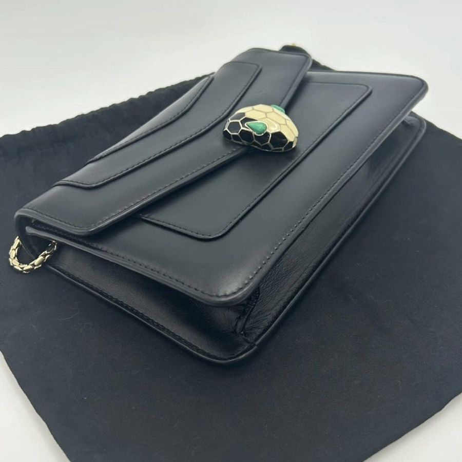BVLGARI 黑色蛇頭鏈條肩背斜背包 22*15*4.5 98新配件塵袋鏡子-4
