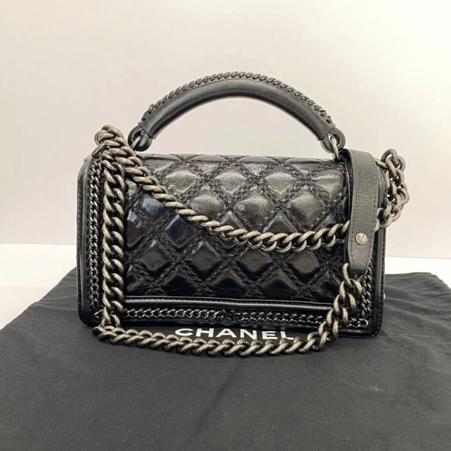 CHANEL 黑銀手柄 leboy中號手提斜背包25*14*7 98新配件盒子塵袋-5