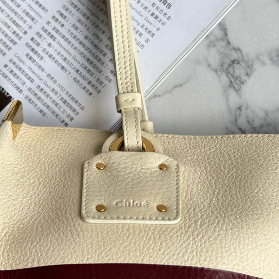 ::Chloe:: Vick Leather Tote 字母 米白色藍紅條紋牛皮托特包 肩背包 購物包-5