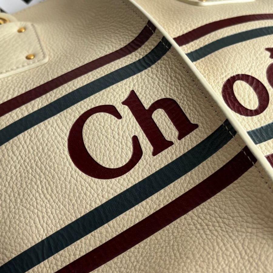 ::Chloe:: Vick Leather Tote 字母 米白色藍紅條紋牛皮托特包 肩背包 購物包-12
