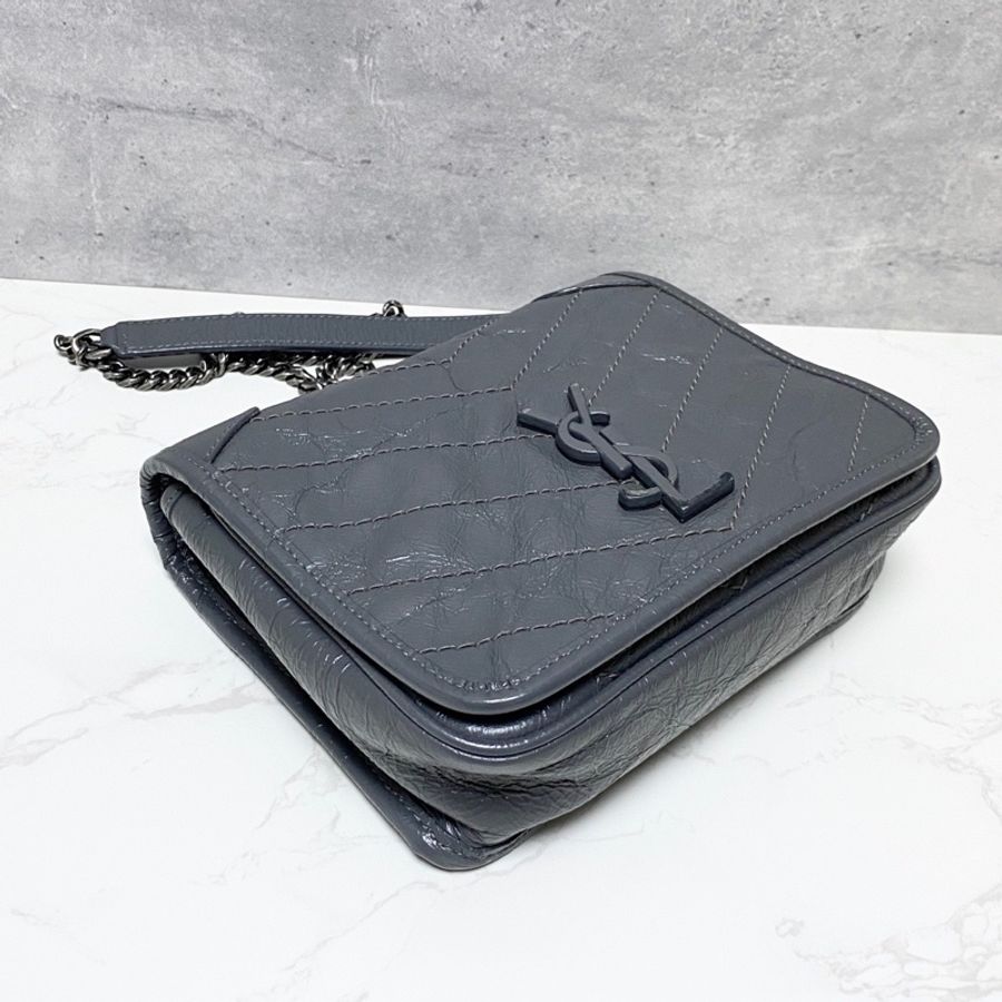 YSL 灰色復古油蠟皮銀扣 迷你NIKI鏈條肩背包 尺寸約19x15x6-5