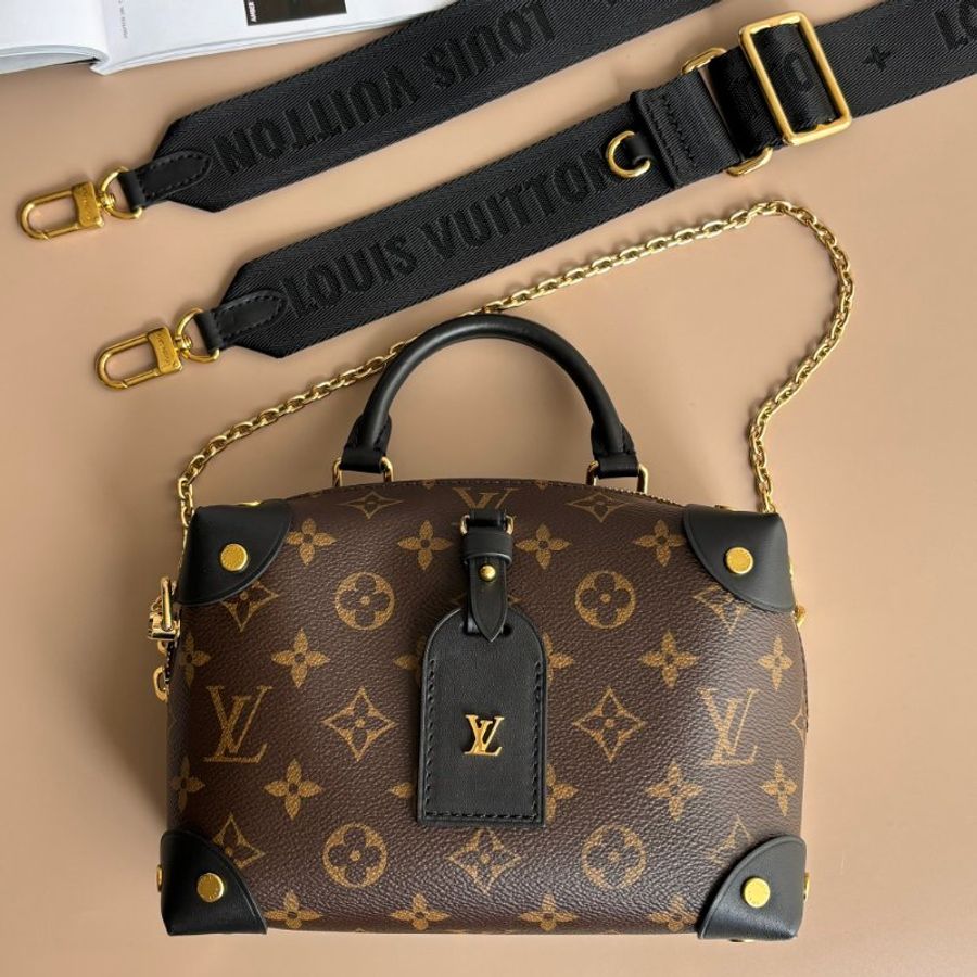 ::LOUIS VUITTON:: LV M45571 Petite Malle Souple咖啡色經典花紋拼接黑色皮革手提兩用包 斜背包-0