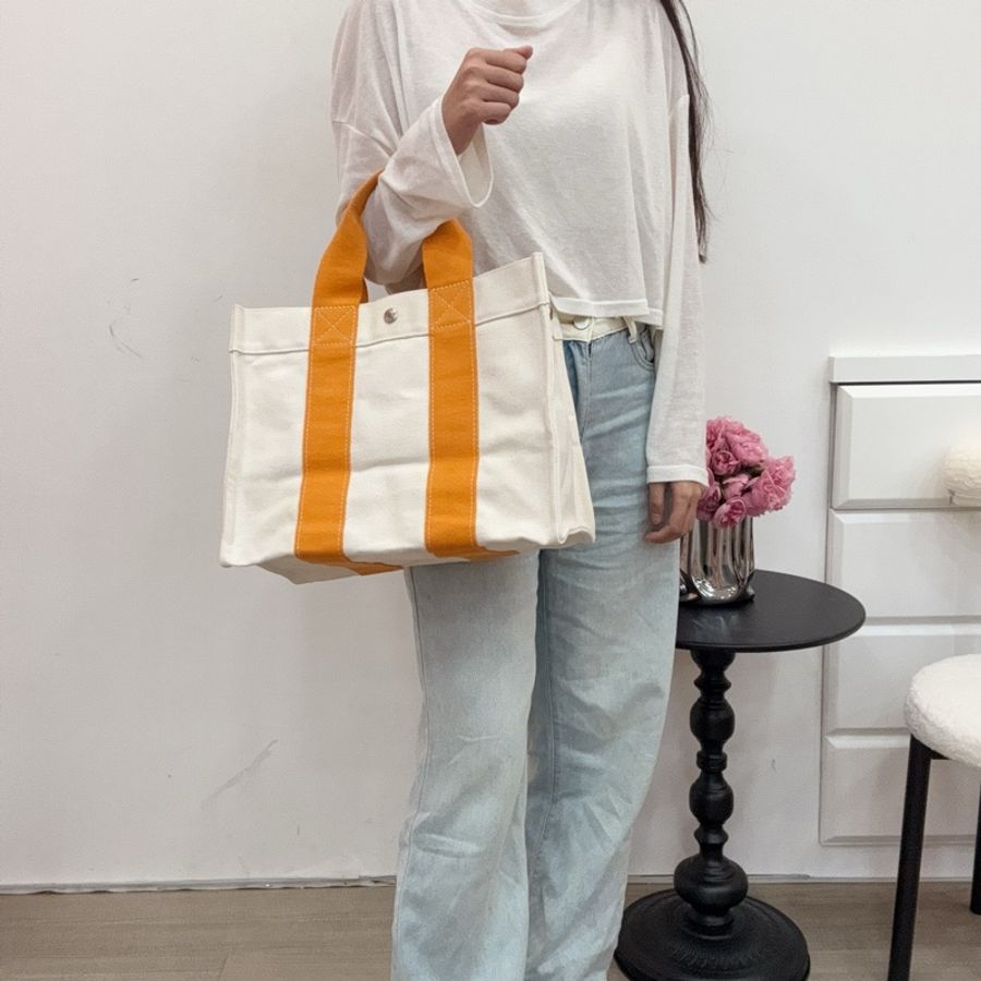 Hermès Herbag Cabas 橘色提把帆布托特包-20