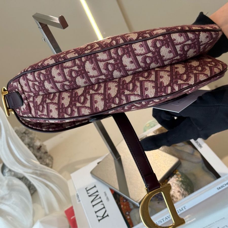 DIOR 酒紅色老花馬鞍包肩背包-5
