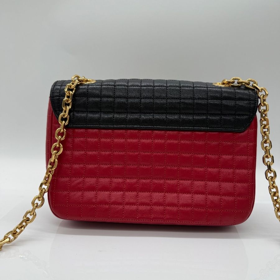 Celine 思琳 紅色 黑色 牛皮革 衍縫方格 風琴 肩背包 鏈條包-1