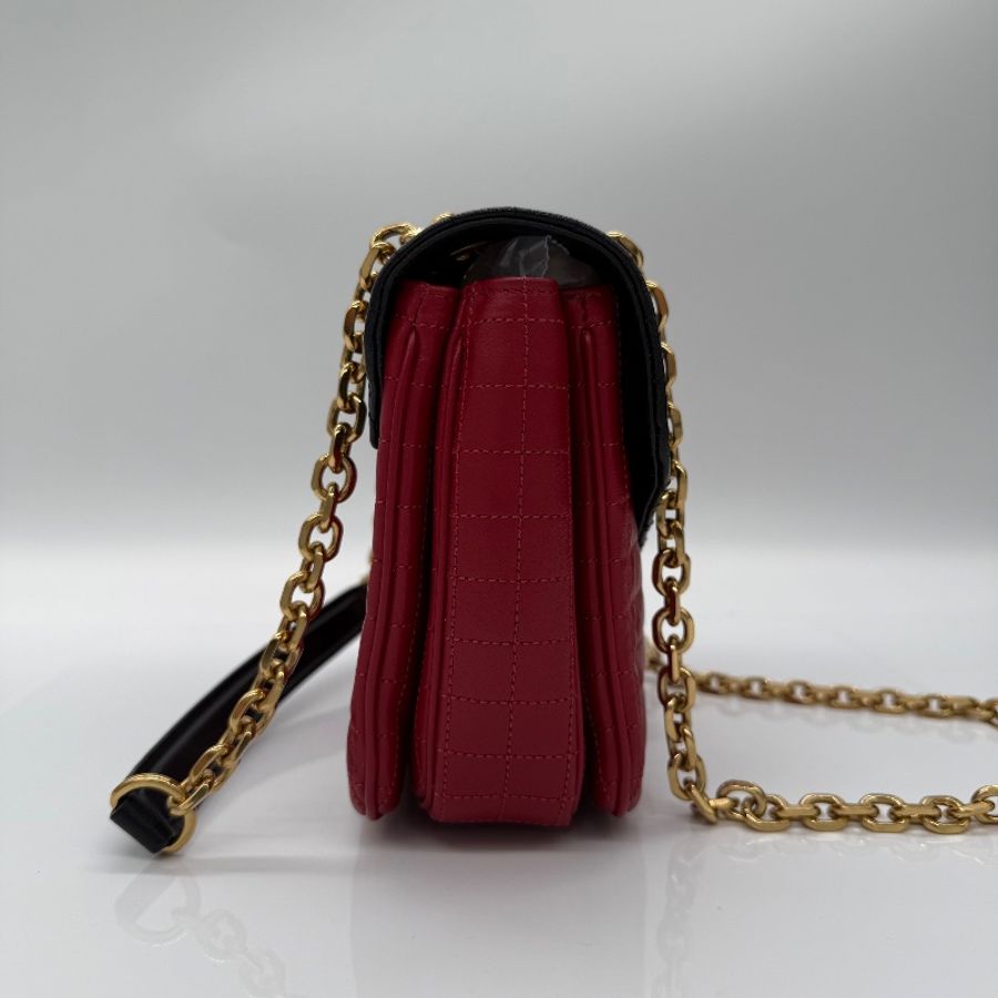Celine 思琳 紅色 黑色 牛皮革 衍縫方格 風琴 肩背包 鏈條包-2