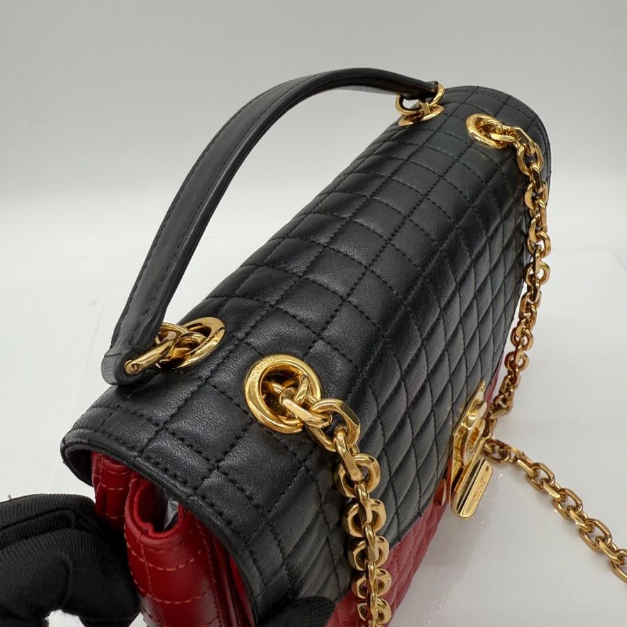 Celine 思琳 紅色 黑色 牛皮革 衍縫方格 風琴 肩背包 鏈條包-3