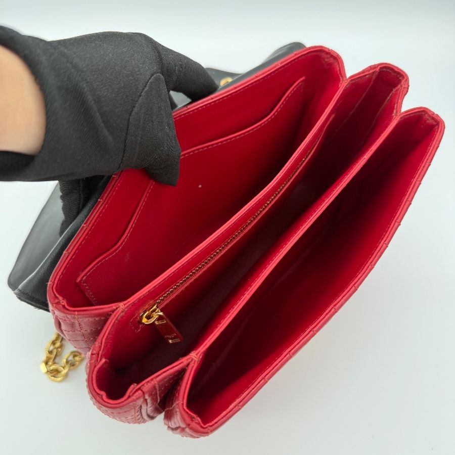 Celine 思琳 紅色 黑色 牛皮革 衍縫方格 風琴 肩背包 鏈條包-7
