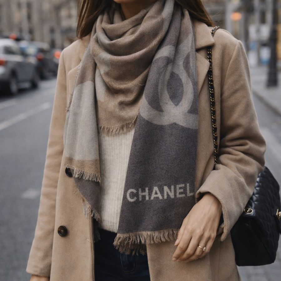 914intheair精品代購『全新』Chanel 雙C LOGO雙面漸層灰棕漸層羊絨圍巾-0