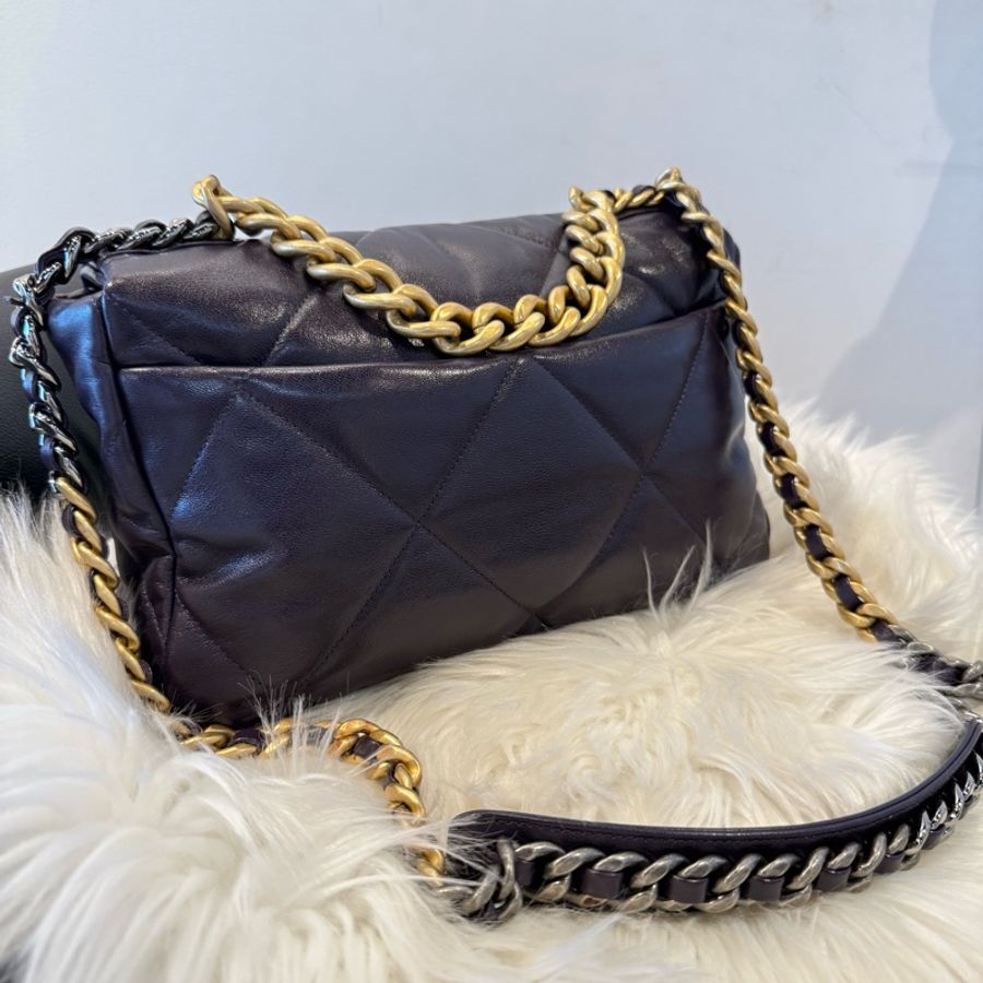 香奈兒 CHANEL 19 Bag 雙C菱格紋 金銀雙色鏈 紫色 19包-2