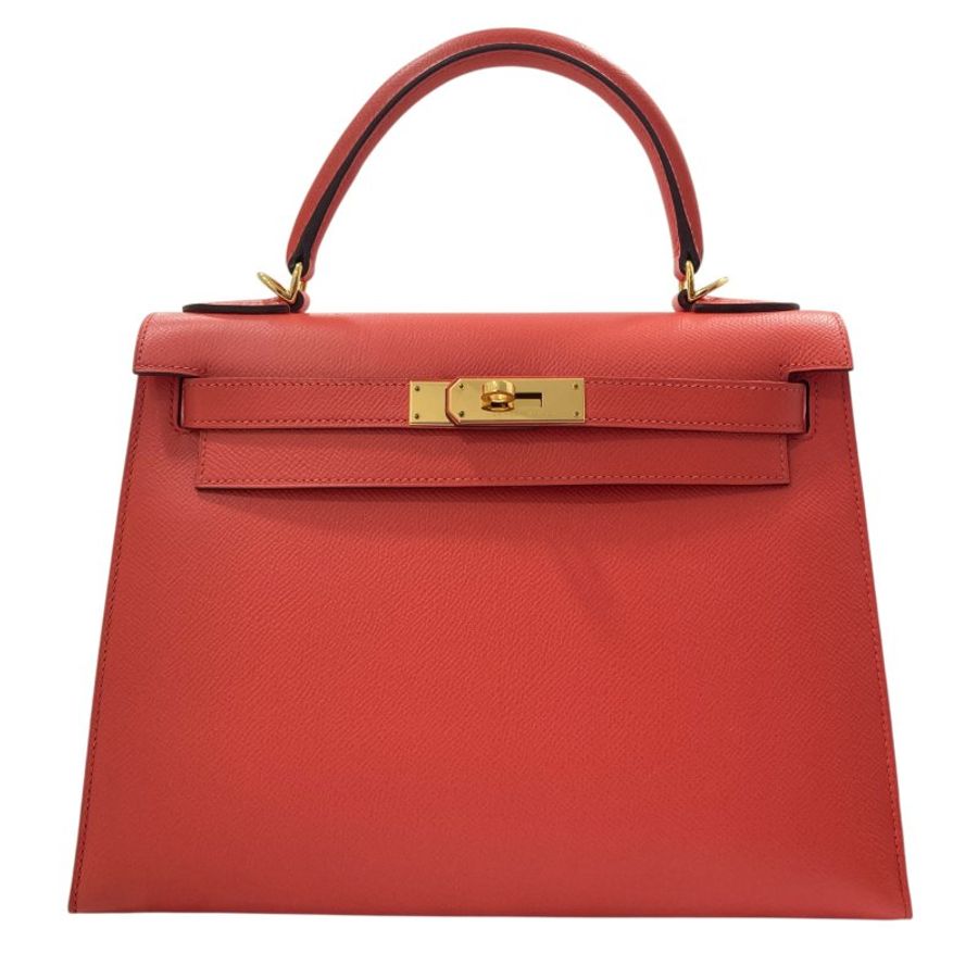 HERMES 愛馬仕 KELLY 28 外縫 Z刻 皮革 手提包 橘紅色 金釦-1