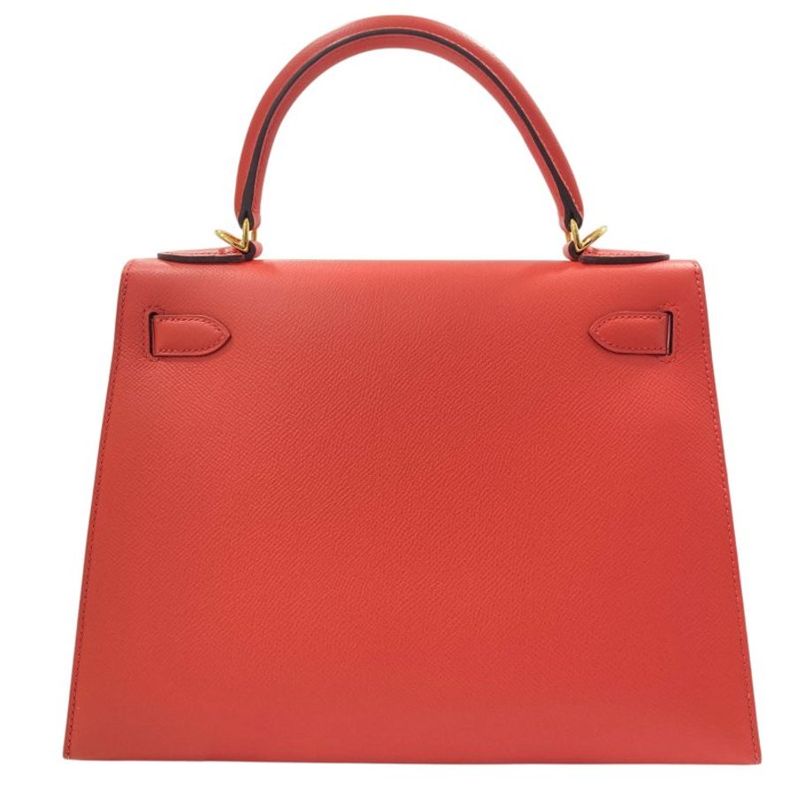 HERMES 愛馬仕 KELLY 28 外縫 Z刻 皮革 手提包 橘紅色 金釦-2