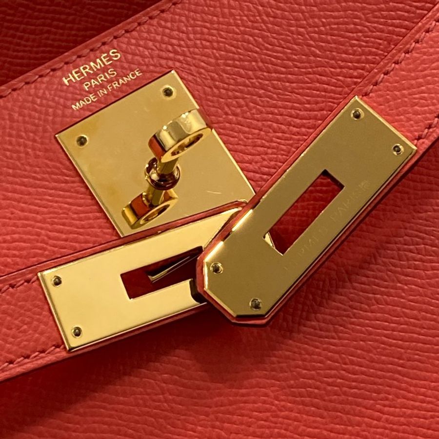 HERMES 愛馬仕 KELLY 28 外縫 Z刻 皮革 手提包 橘紅色 金釦-15