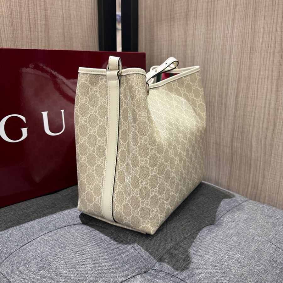 GUCCI 815163 白色PVC拼皮革水桶包 手提包斜背包兩用包-3