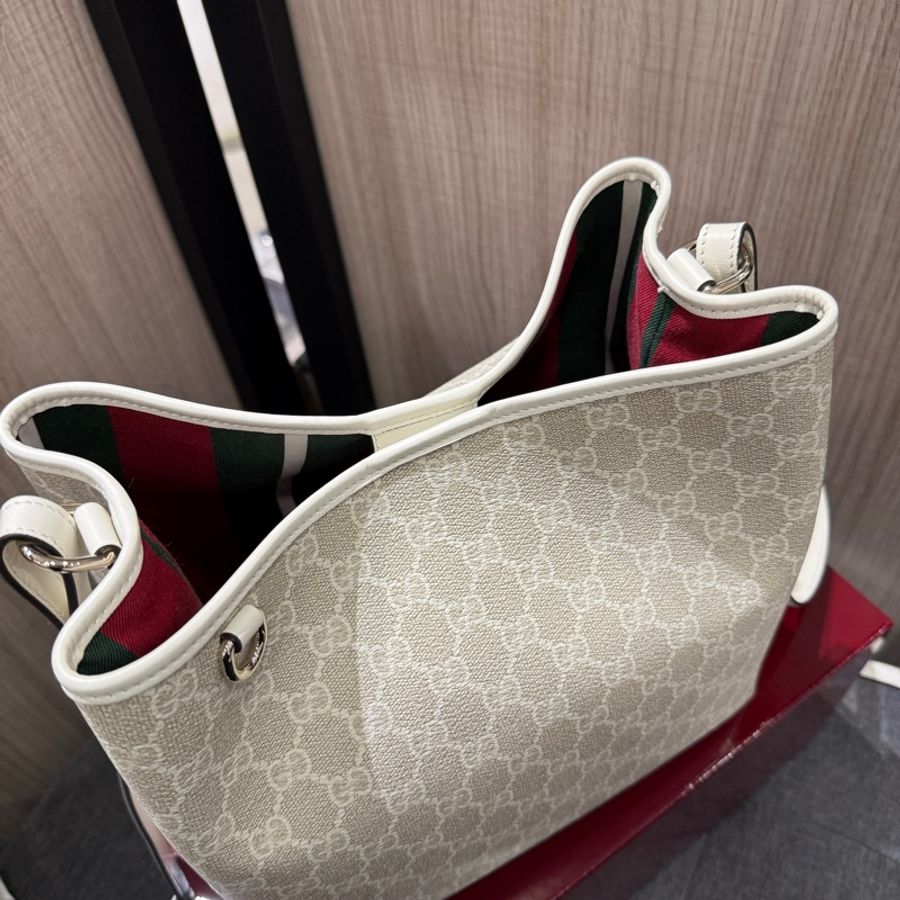 GUCCI 815163 白色PVC拼皮革水桶包 手提包斜背包兩用包-8