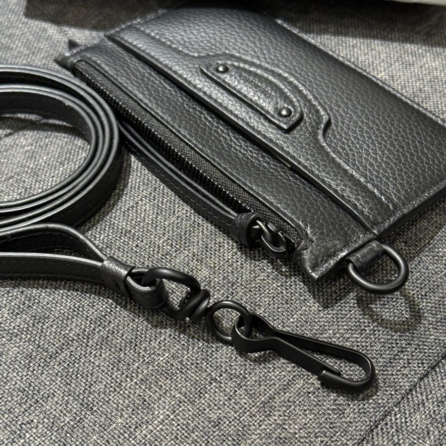全新 巴黎世家 BALENCIAGA Neo classic 黑色全皮黑釦頸掛式卡片夾零錢包-4