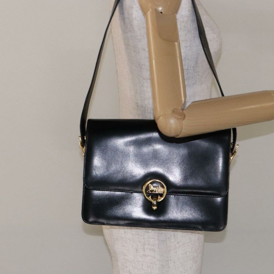 【日本直送】CELINE 馬車圖案肩包,黑色皮革,金色,正品 ki5948-22
