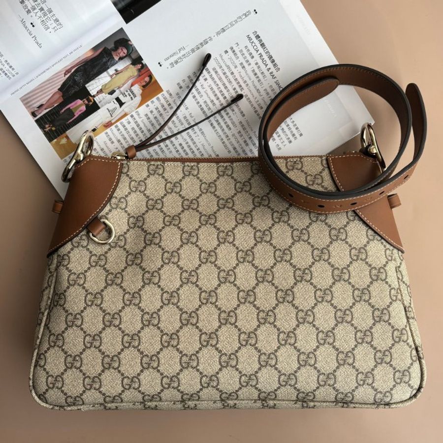 ::GUCCI:: Emblem 滿版花紋 拼接棕色皮革中號肩背包 托特包-0