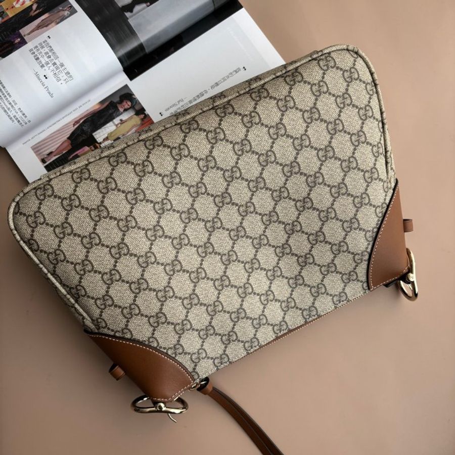 ::GUCCI:: Emblem 滿版花紋 拼接棕色皮革中號肩背包 托特包-1