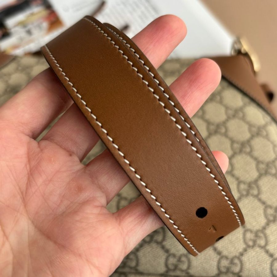 ::GUCCI:: Emblem 滿版花紋 拼接棕色皮革中號肩背包 托特包-4