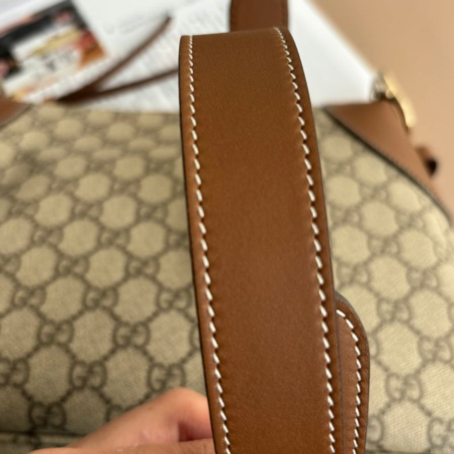 ::GUCCI:: Emblem 滿版花紋 拼接棕色皮革中號肩背包 托特包-5