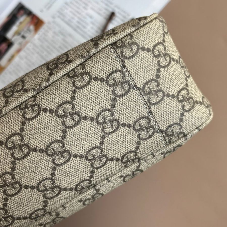 ::GUCCI:: Emblem 滿版花紋 拼接棕色皮革中號肩背包 托特包-13