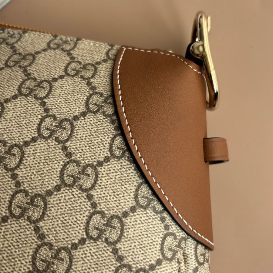 ::GUCCI:: Emblem 滿版花紋 拼接棕色皮革中號肩背包 托特包-16
