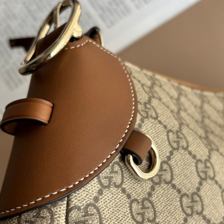 ::GUCCI:: Emblem 滿版花紋 拼接棕色皮革中號肩背包 托特包-18