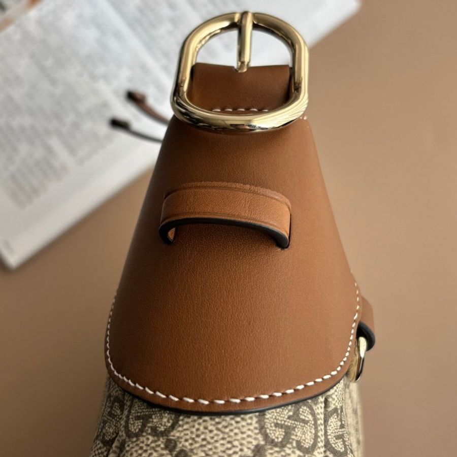 ::GUCCI:: Emblem 滿版花紋 拼接棕色皮革中號肩背包 托特包-19