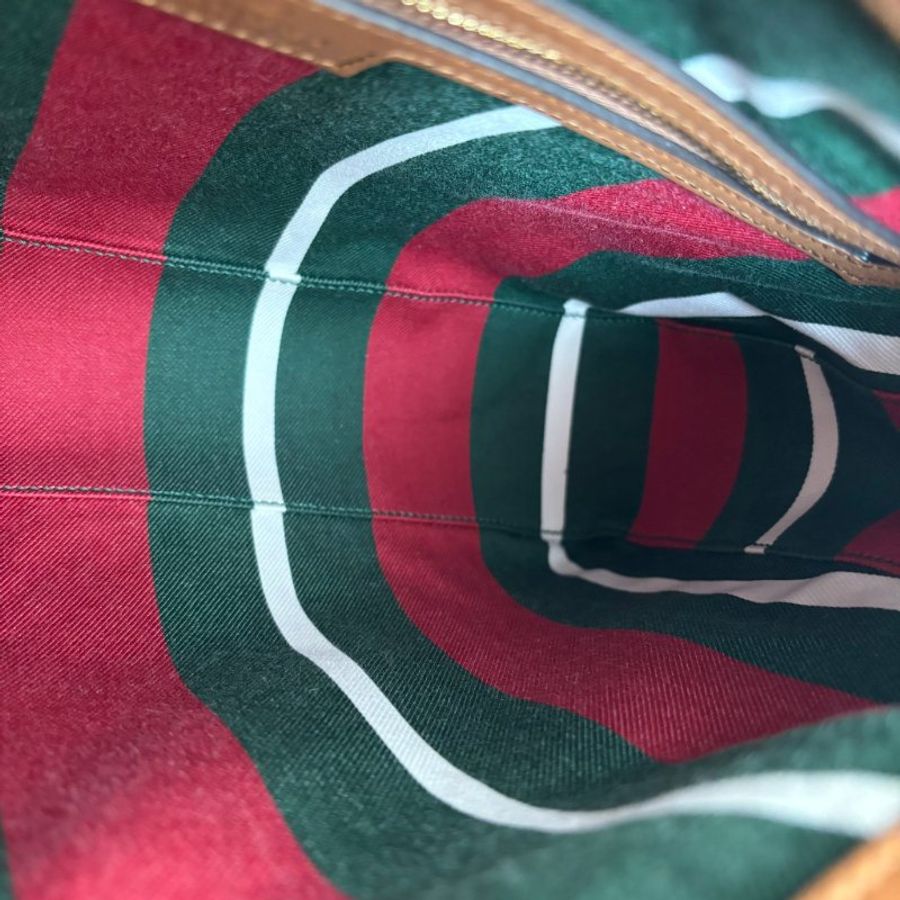 ::GUCCI:: Emblem 滿版花紋 拼接棕色皮革中號肩背包 托特包-26